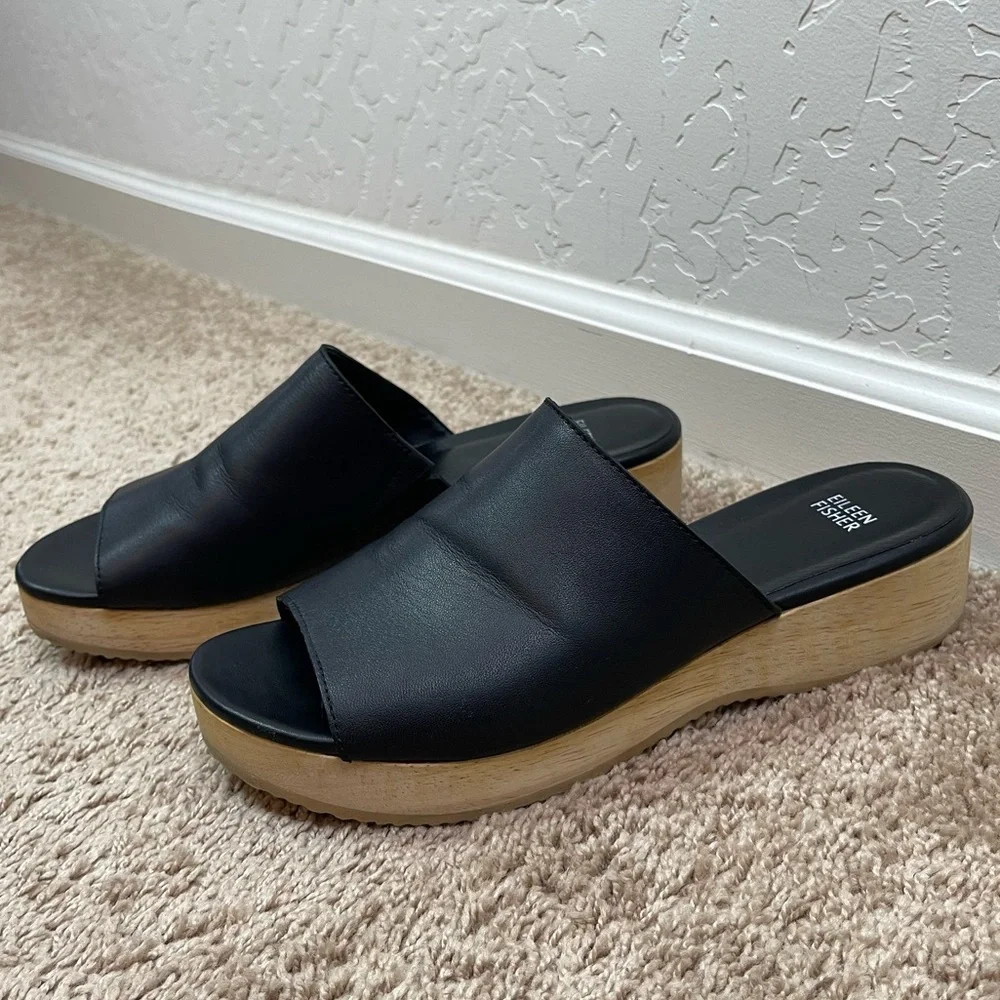 Eileen Fisher Size 11 Novel Black Leather Platform Wooden Clog Slide Sandals - Picture 2 of 16
